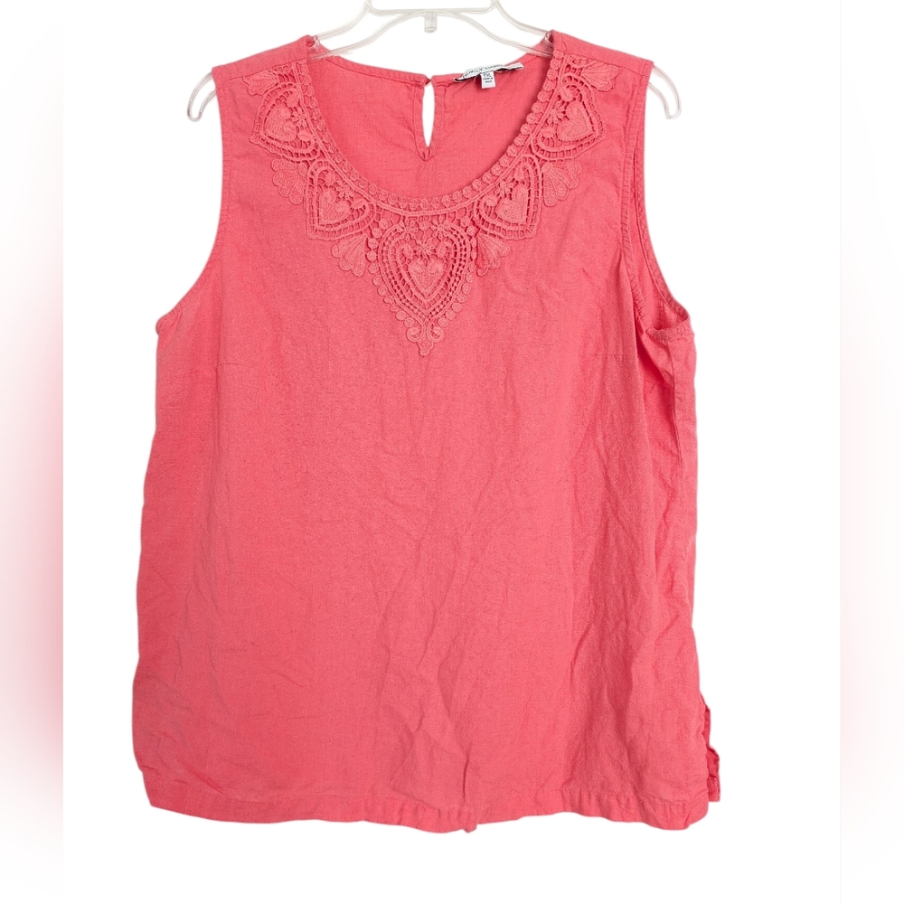 EMILY DANIELS Size PXL‎ Coral Linen Blend Sleeveless Lace Front Blouse Shirt Top